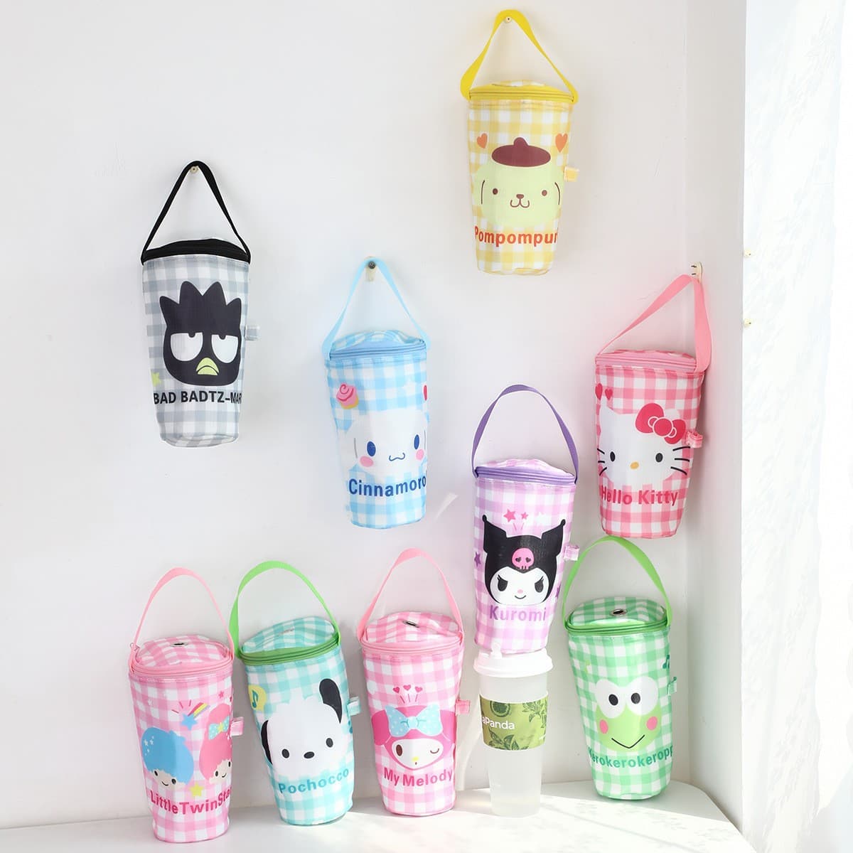 Japanese-Style Diamond-Patterned Kuromi and Shin-Chan Milk Tea Cup Sleeve Drink Cup Bag Portable Zipper Storage Bag