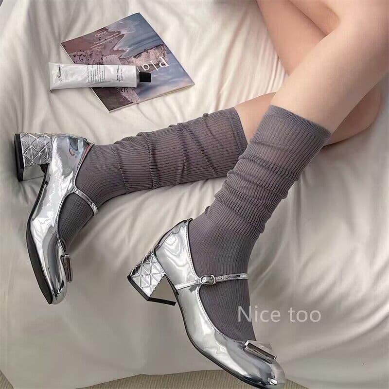 Spring and Summer Thin Calf Socks for Women Gray Short Socks Fashion Blogger Same Style Vertical Stripe Stacked Socks JK