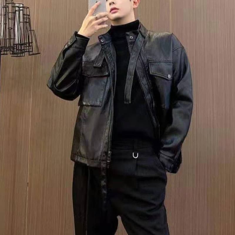 Autumn and winter velvet thickened black motorcycle leather jacket men's short Korean style trendy high-quality leather jacket loose coat