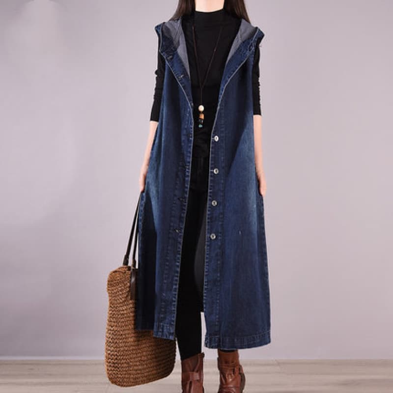 2026 Spring New Plus Size Women's Loose Long Single-Breasted Denim Sleeveless Hooded Vest