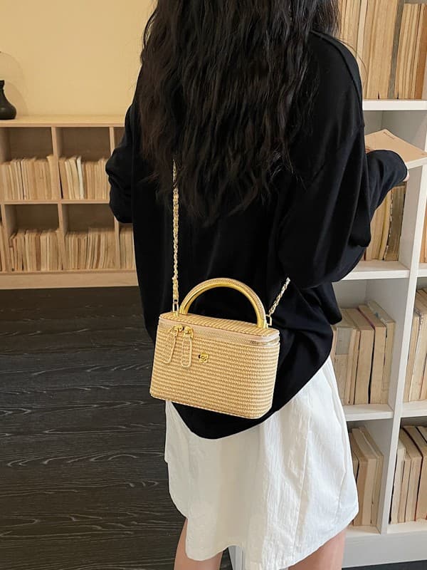 Cosmetic Box Straw Bag, Fairy Forest Style Handheld Beach Bag, Single-Shoulder Crossbody Bag for Women