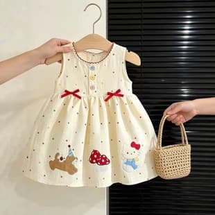 Girls' Dress Summer 2026 New Style Sleeveless Cartoon Polka Dot Single Layer Cotton Vest Dress Baby Girl Fashionable Kids Clothing