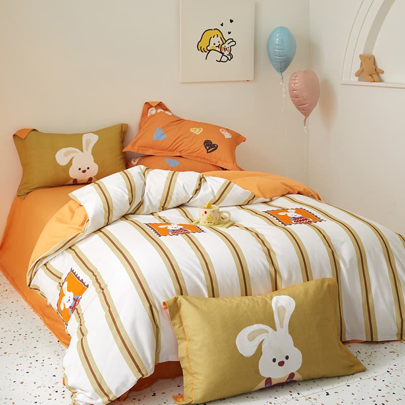 Brushed pure cotton four-piece set 100% cotton bed sheet thickened quilt cover winter cartoon children's three-piece bedding set