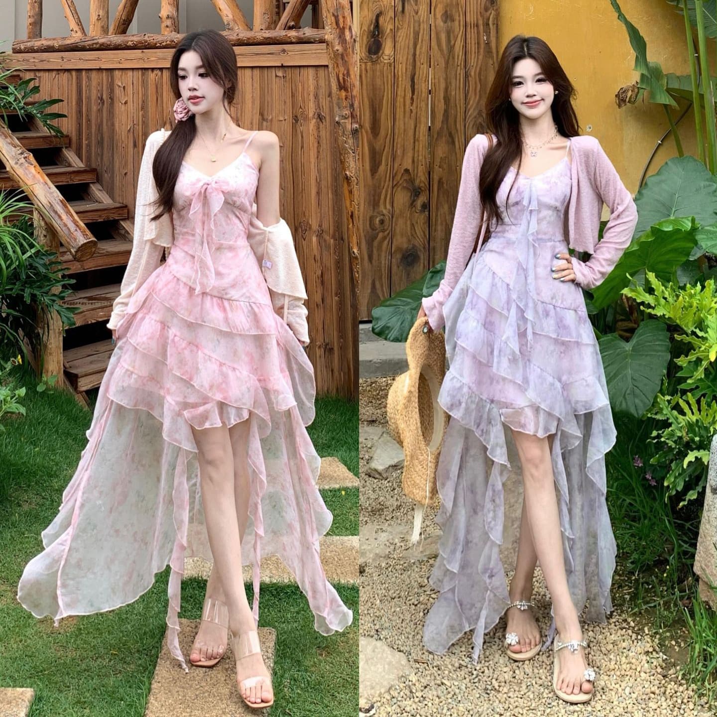 2026 new large size sweet oil painting style short front and long back irregular ruffle suspender skirt + lace cardigan