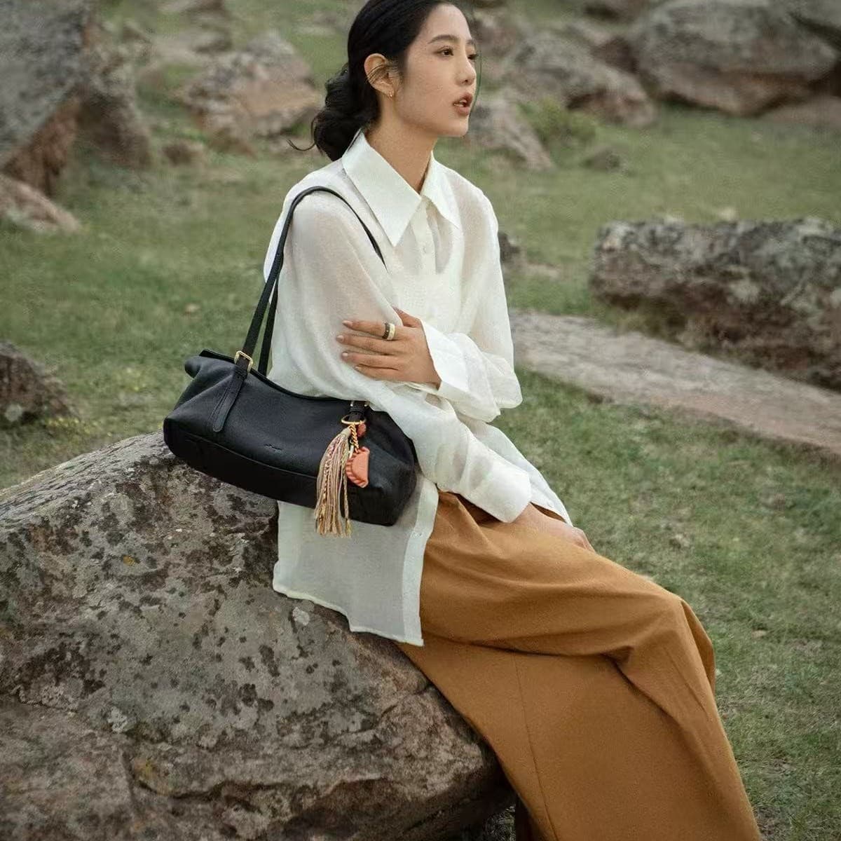[Qixi Festival Gift] Shicaotang Reunion Baguette Bag New Shoulder Bag Vegetable-Tanned Leather Underarm Bag Relaxed Style
