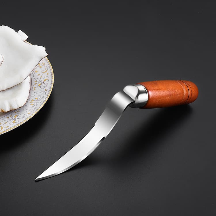 Factory Direct Stainless Steel Coconut Meat Scoop with Crescent-shaped Blade and Pointed Wood Handle for Easy Meat Extraction