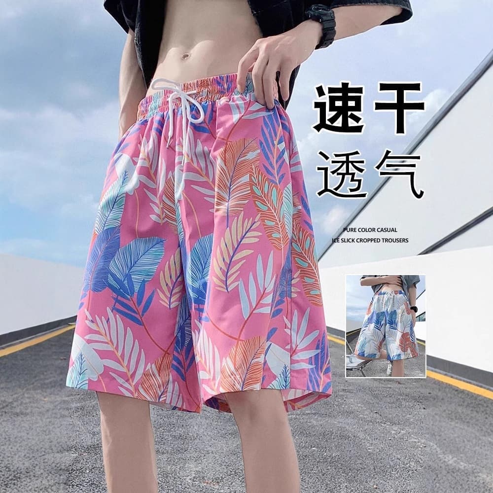 Hawaiian Print Shorts for Men Summer Beach Shorts Couple Quick-Dry Casual Board Shorts Plus Size 5-Inch Ice Silk Shorts