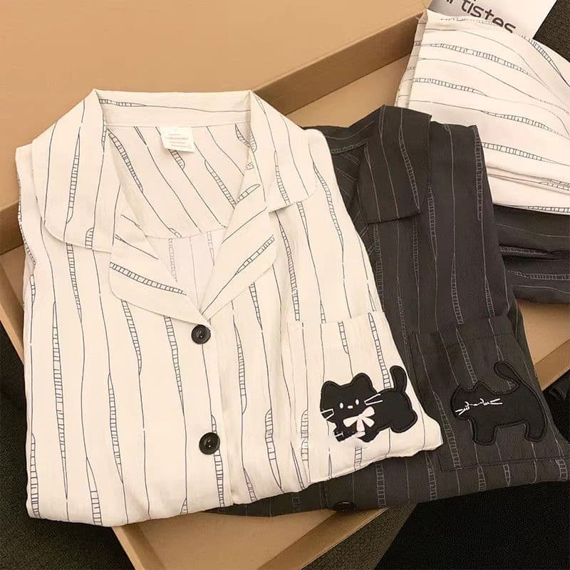 Striped kitten couple pajamas for men and women, cloud cotton spring and autumn cardigans that can be worn outside, Korean style large size home clothes set