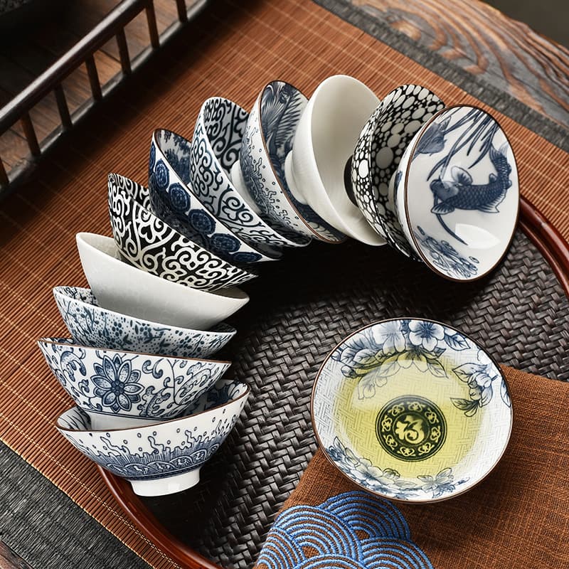 Blue and White Porcelain Tea Cup and Bowl Set, Bamboo Hat-Shaped Ceramic Gongfu Small Tea Cup, Single Master Cup with Tea Set