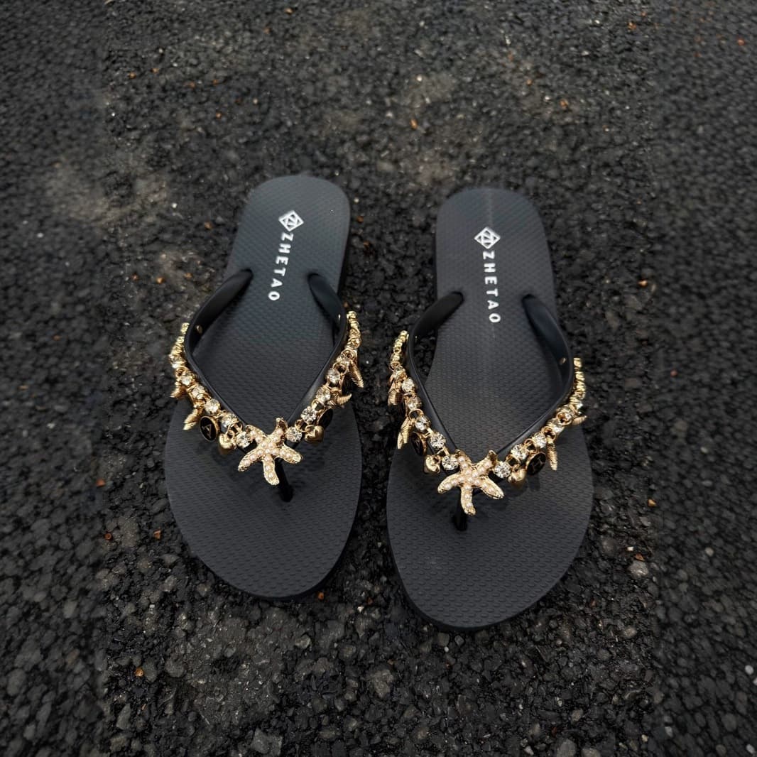 2025 Summer New Seashell Rhinestone Flip Flops for Women Fashion Casual Beach Flat Sandals