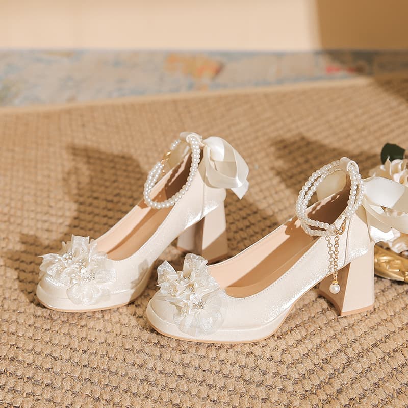 Satiny Chunky Heel High Heels Women's 18th Adult Ceremony Mary Jane Show Heel Wedding Two-Way Engagement Bride Maids Shoe