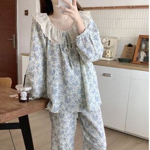 Influencer-style hollow lace trim cloud cotton pajama set for women, long-sleeve breathable comfortable loungewear two-piece set for spring and autumn