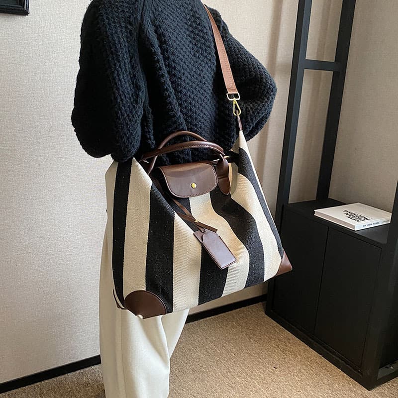 2023 New Fashion Stripe Canvas Tote Bag for Women, Commuter Handbag, Shoulder Crossbody Travel Bag