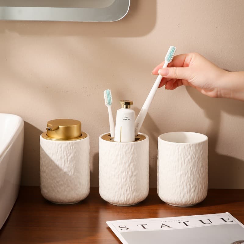 Premium Light Luxury Ceramic Wash Cup Set for Bathroom, Toothbrush Holder, Hotel Rinse Cup with Toothbrush Stand