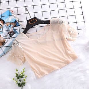 Short Crop Mesh Top Round Neck T-Shirt Short Sleeve Lace Undershirt Summer Thin Low Neck Half Top for Women