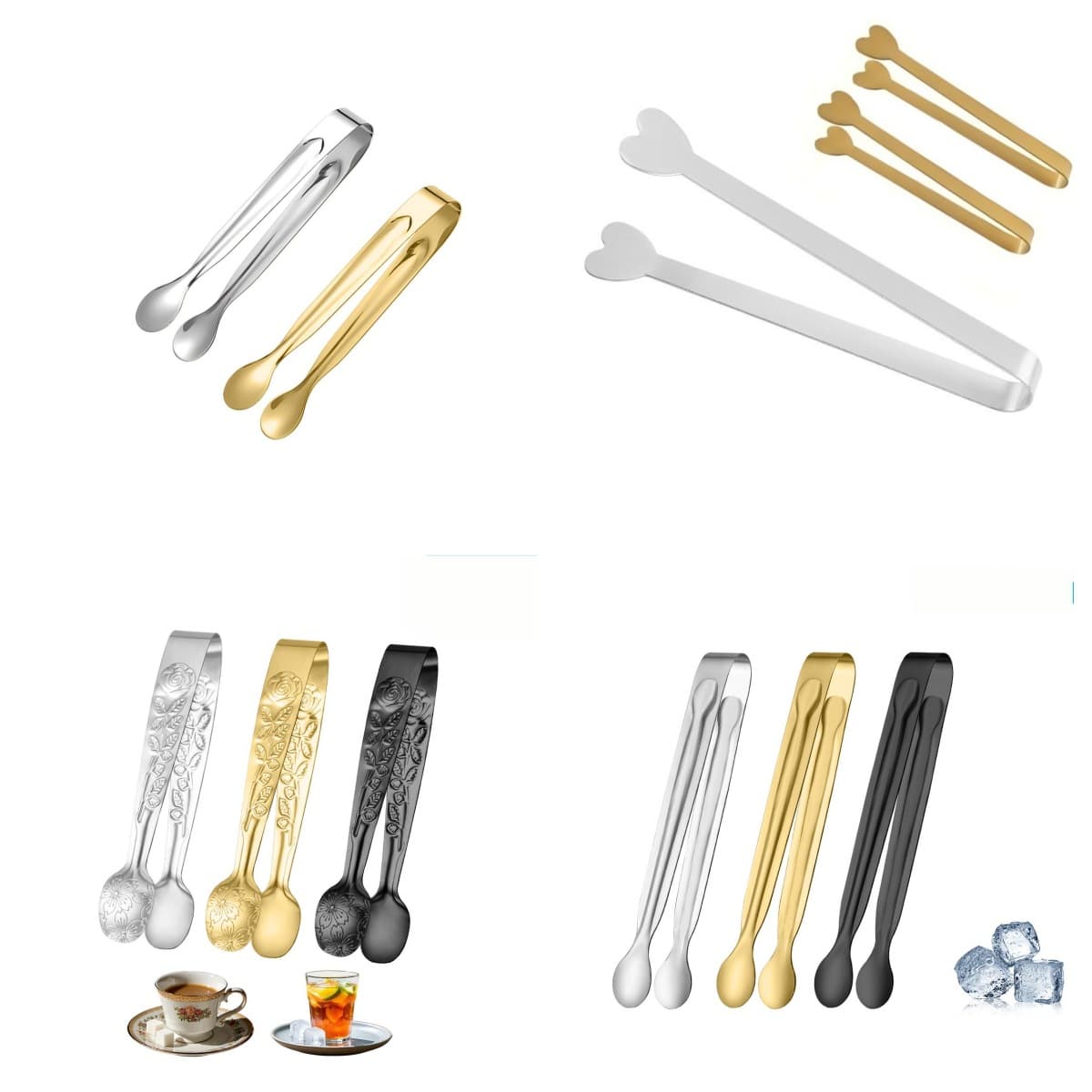 Stainless Steel Ice Tongs Round Head Sugar Cube Tongs Bar Ice Tongs Small Clips Coffee Rose Pattern Food Tongs