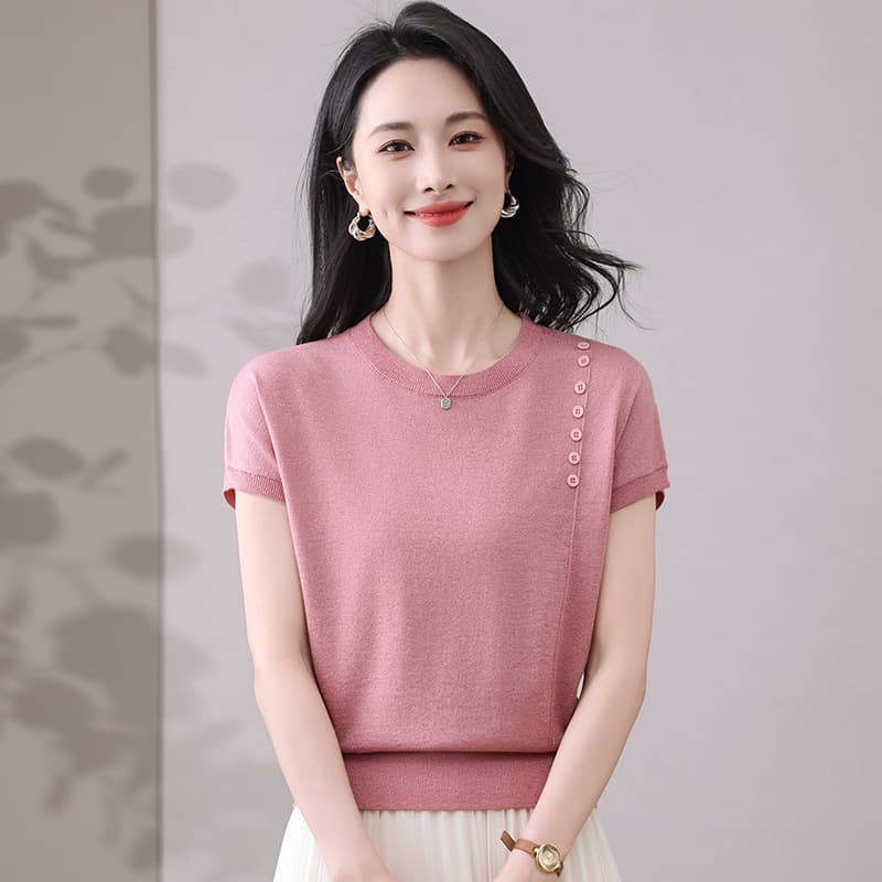 2025 Summer Ice Silk Short Sleeve Button T-Shirt Women Loose Korean Plus Size Conceal Belly Solid Color Top Fashionable Knitwear