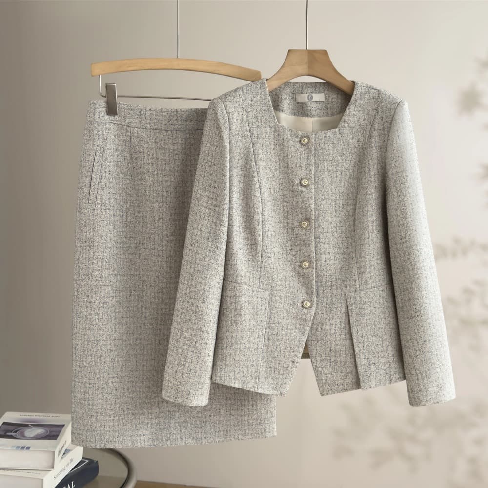 Elegant Gray Square Collar Chanel-Style Skirt Set for Women Spring French Chic Slim Fit Top