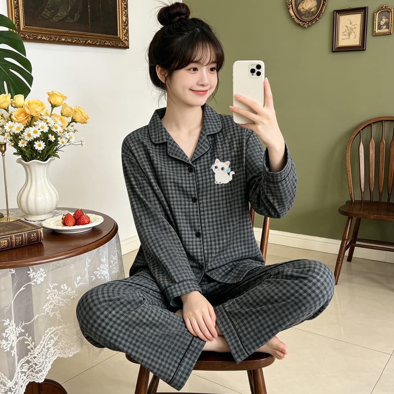 Vintage High-End Plaid Cartoon Cat Ins Cotton-Like Women's Pajama Homewear Long Sleeve Long Pants Set Wholesale