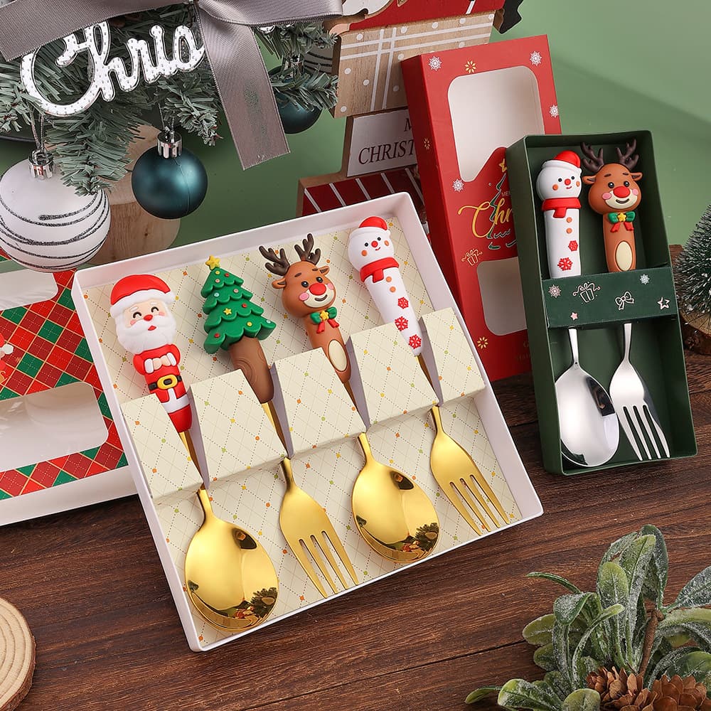 Christmas spoon and fork set cross-border stainless steel cute doll spoon elk dessert spoon children's tableware gift