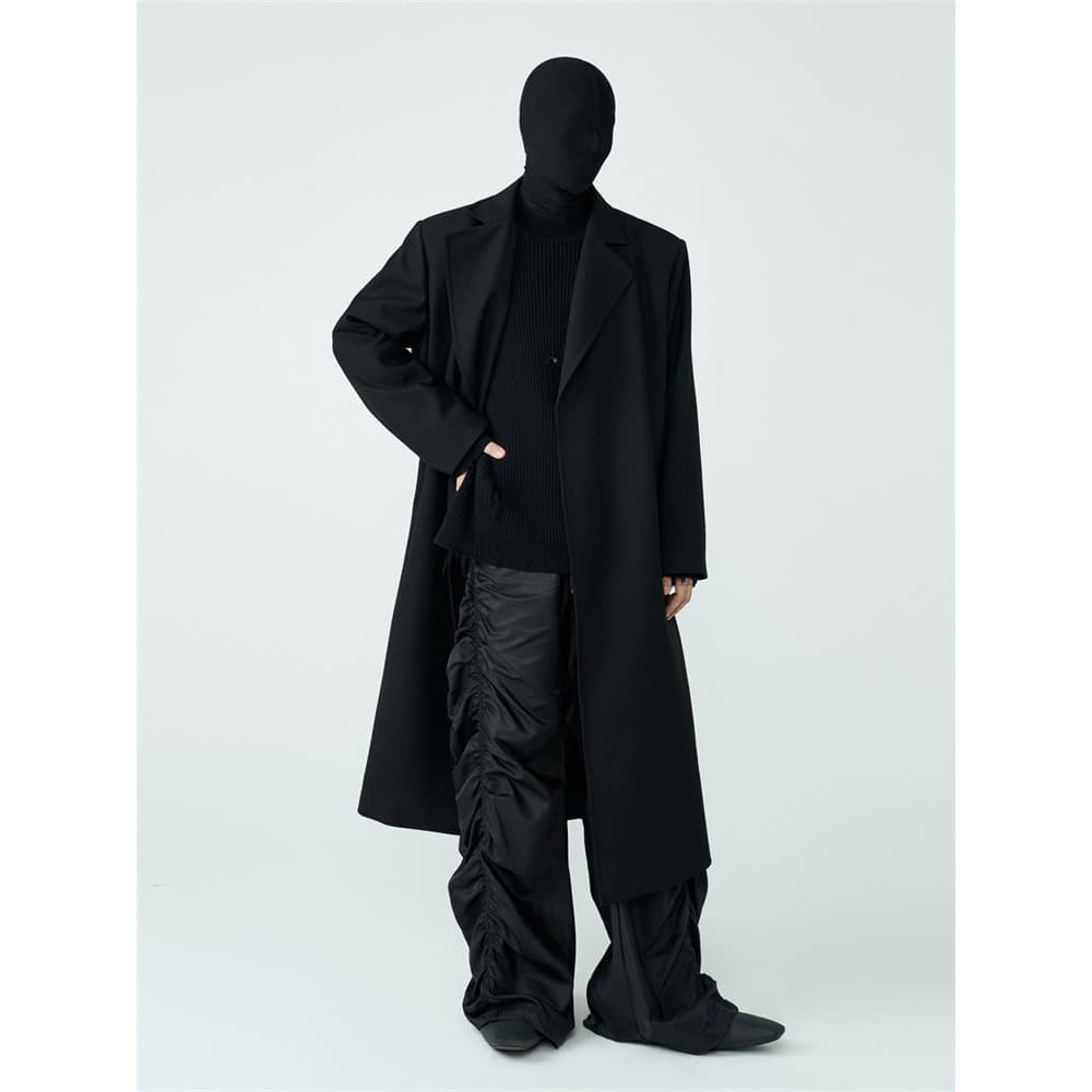 SCD 25SS Buttonless Minimalist Loose Shoulder Padded Long Patchwork Black Wool Overcoat Knee-Length Jacket Unisex Trench Coat