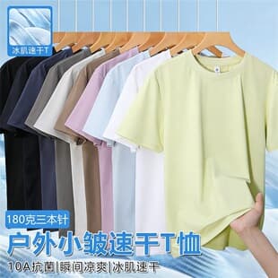 Heavyweight Summer Outdoor Ice-Feel Quick-Dry T-Shirt 10A Antibacterial Solid Color Triple-Needle Stitching Unisex Short Sleeve