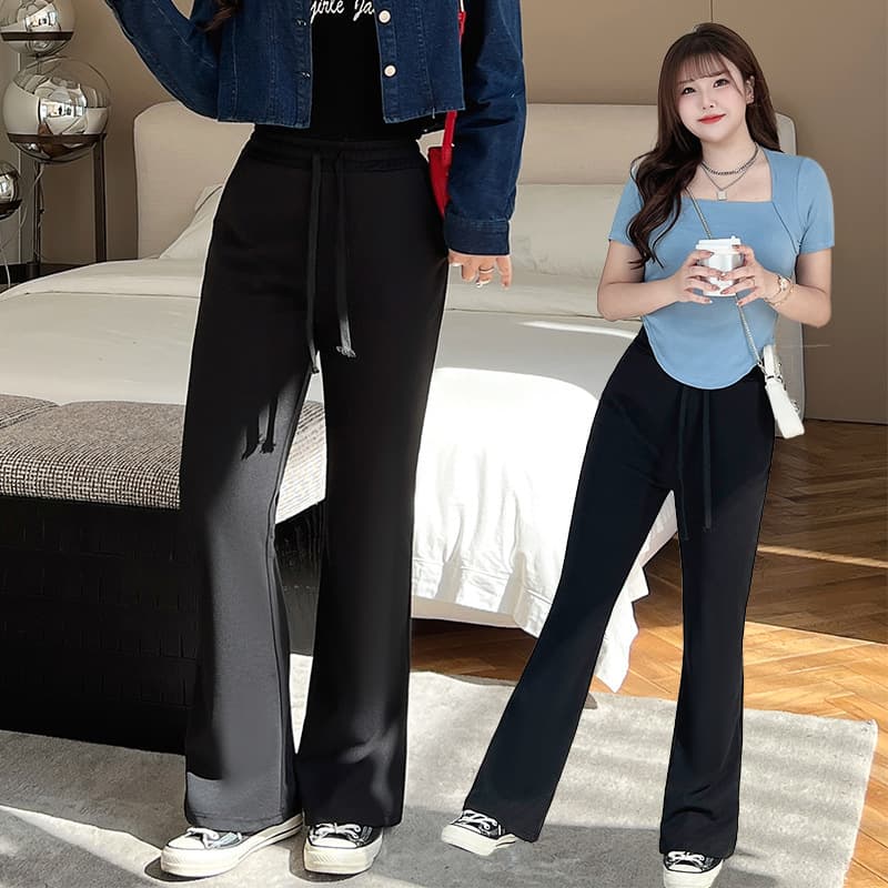 Runqi N8658 Extra Large Leg-Shaping Tailored Micro Flare Floor-Sweeping Stretchy Black Pants Wholesale, Plus Size Women's Long Pants