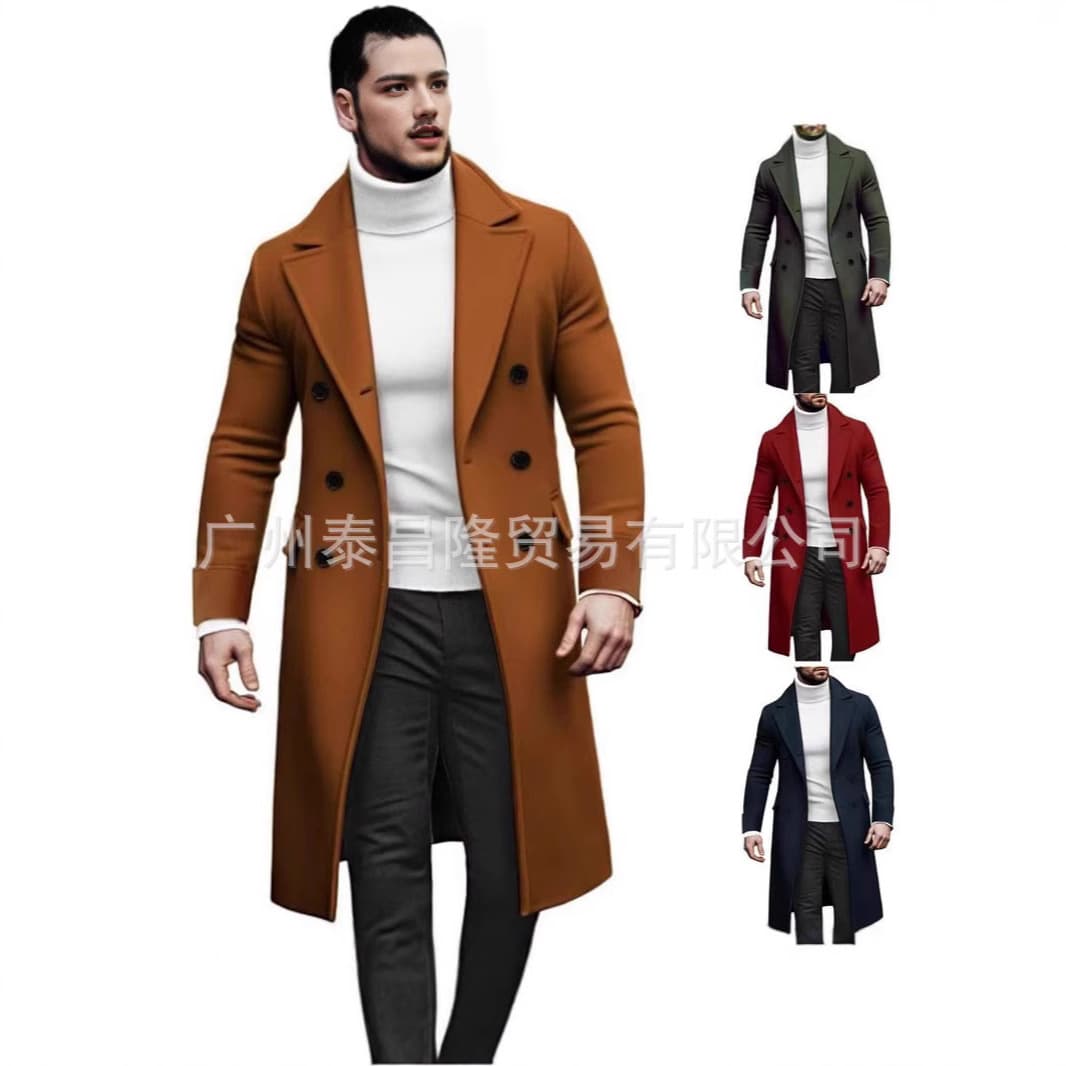 European and American cross-border best-selling men's business casual mid-length woolen coat, double-breasted, British style men's outerwear trench coat