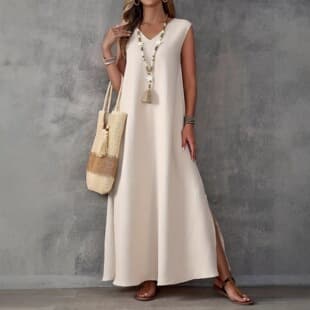 Amazon 2025 Summer European and American Dress Cross-border Women's Sleeveless V-Neck Side Slit Dress Elegant Long Dress