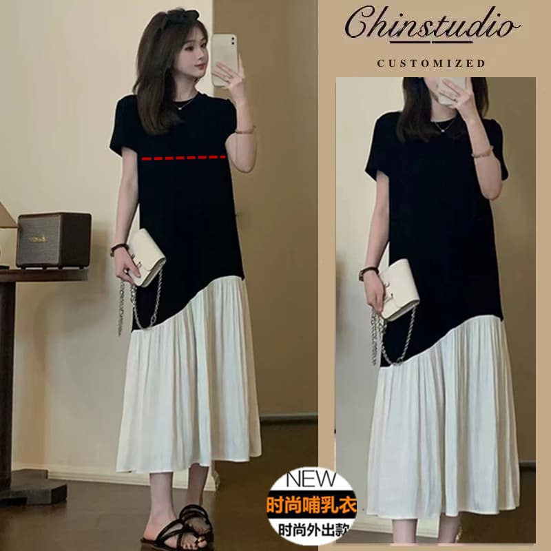2024 Summer Nursing Dress for Outings, Postpartum Feeding Top, French Patchwork Nursing Midi Dress