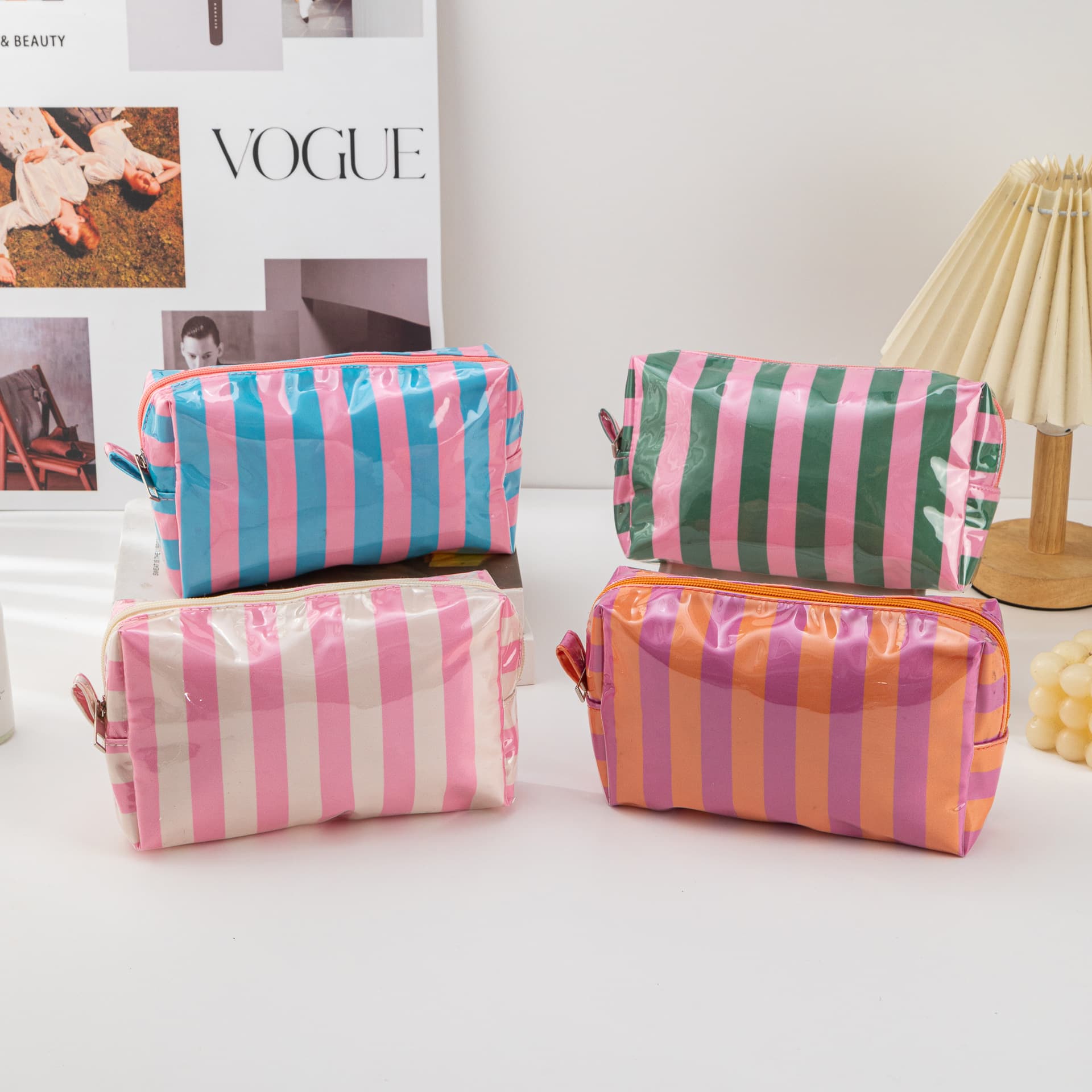New PVC Striped Cosmetic Bag Zipper Cosmetics Storage Bag Waterproof Travel Toiletry Bag