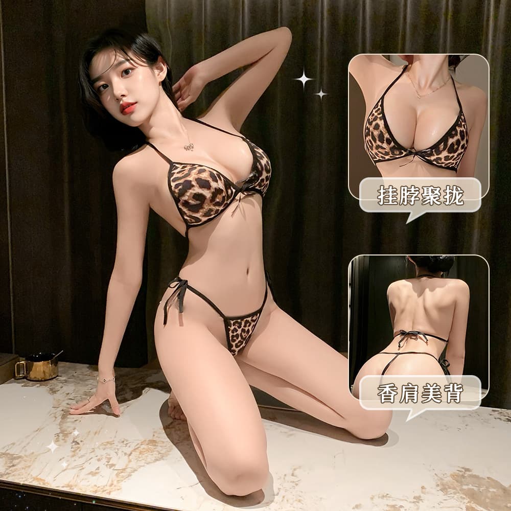 Lingerie Set for Women Leopard Print Hollow Out Bra + Thong Adult Sexy Costume 8576