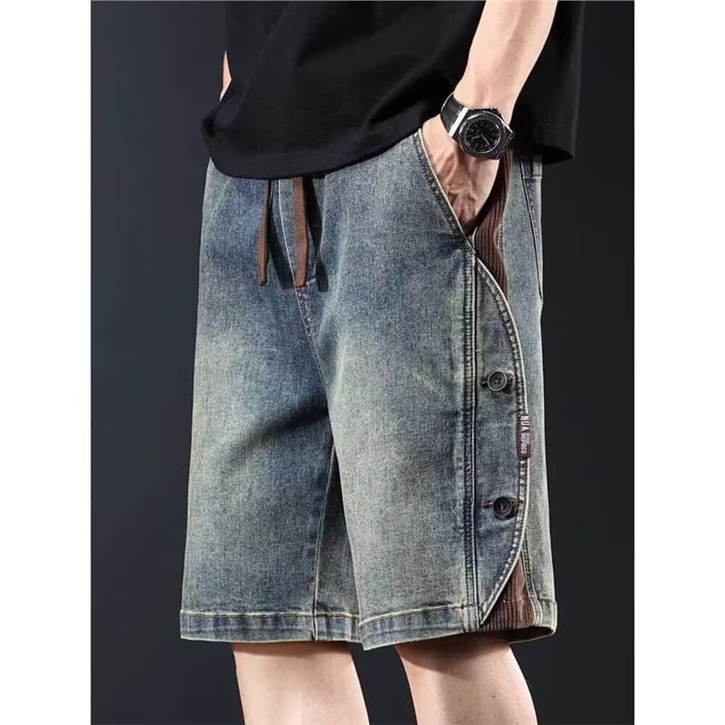 American trendy brand denim shorts for men in summer, loose large size overalls, three-quarter pants, handsome slim straight-leg outer jodhpurs