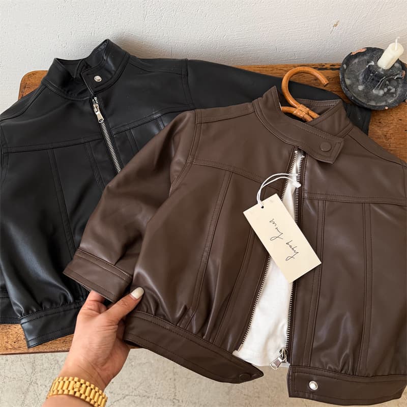 Children's Jacket 2026 Fall New Arrival Boys Girls Clothing Zhili Solid Color Stand Collar PU Leather Jacket Korean Style Zip-Up Coat for Kids