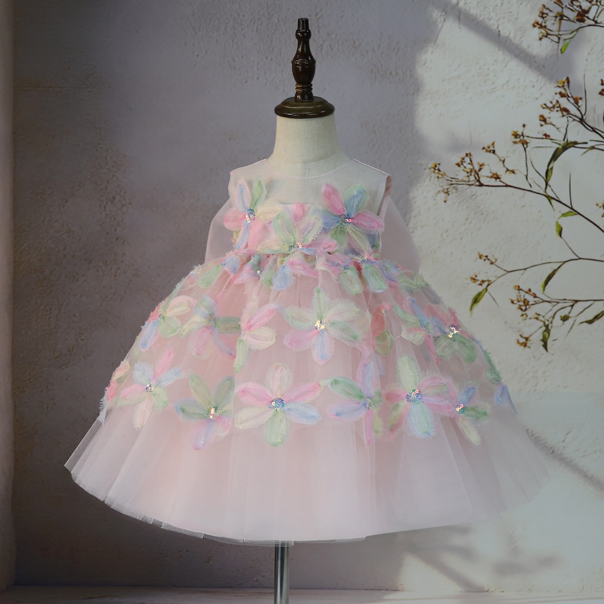 New Summer Children's Dress with 3D Floral Birthday Princess Gown, Large Bow Flower Girl Skirt