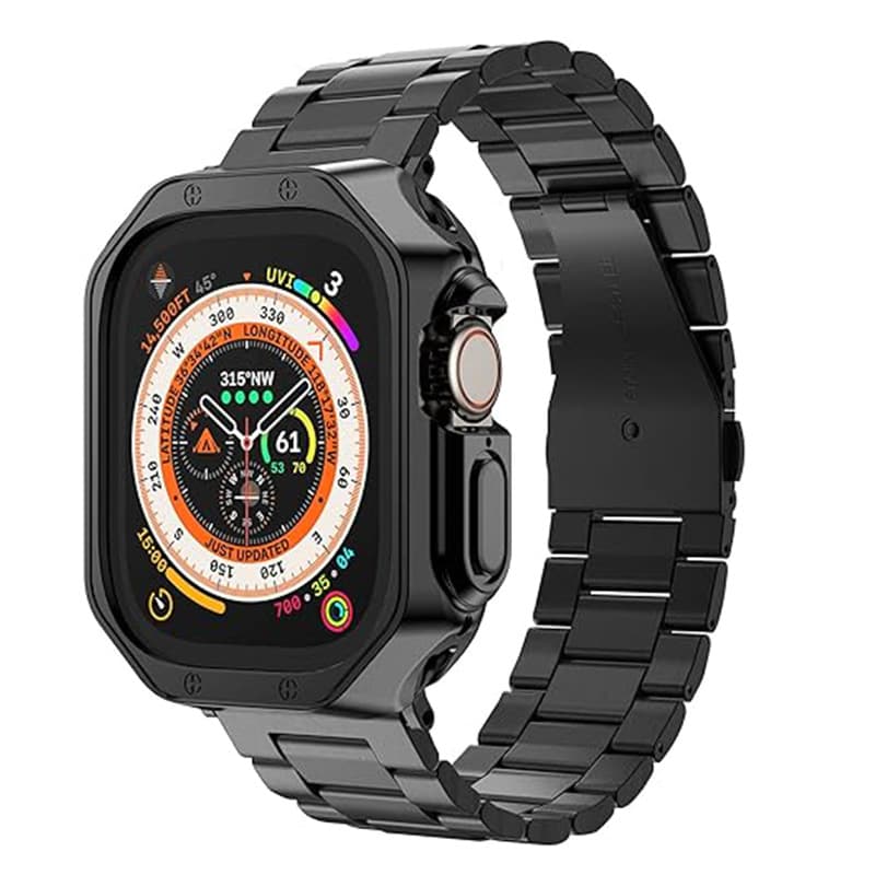 Compatible with Apple Watch Ultra 49MM/876 Three-Bead Stainless Steel Band TPU Case Frame Metal Bamboo-Style Strap