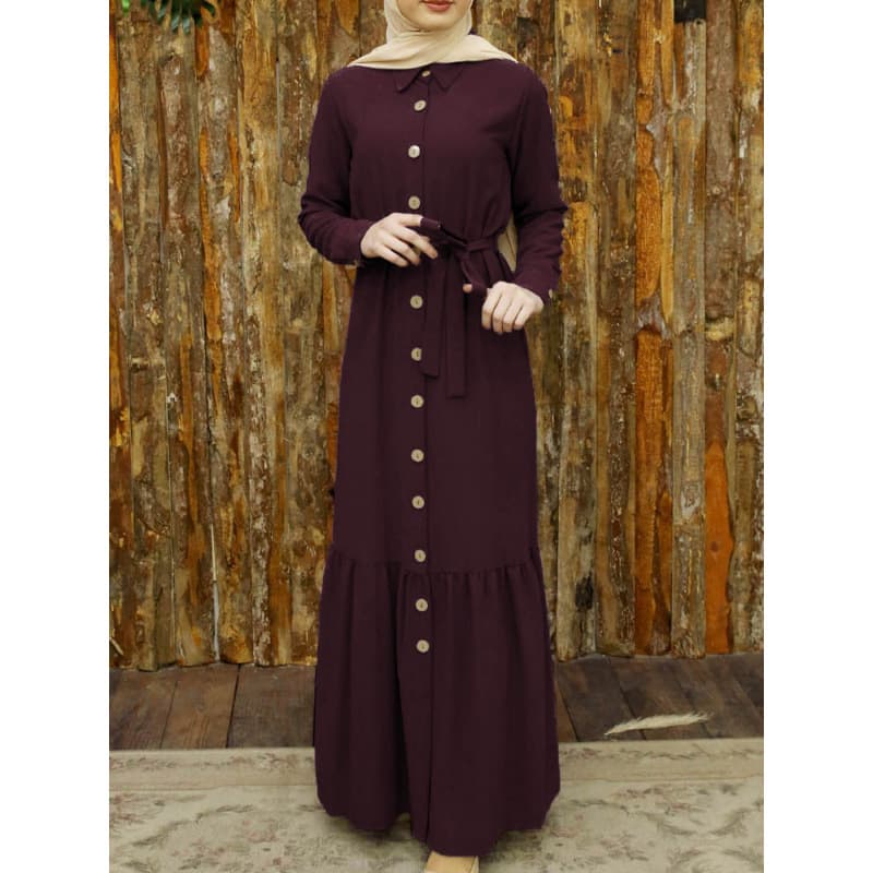 Amazon Hot Selling Cross-Border Abaya Dresses Solid Color Long Sleeve Tie Button Dress