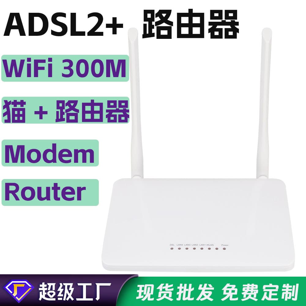 300M ADSL router, modem, ADSL2+ wireless router, customizable with branding available.