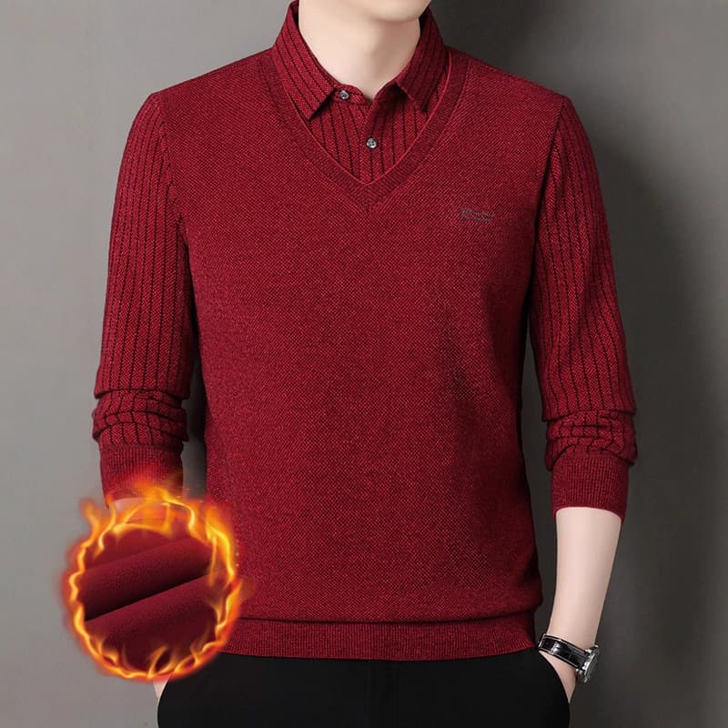 Autumn/Winter New Long Sleeve Shirt Collar Striped Men's Sweater Fleece Lined Thickened Two-in-One Knitted Top Men's Wholesale