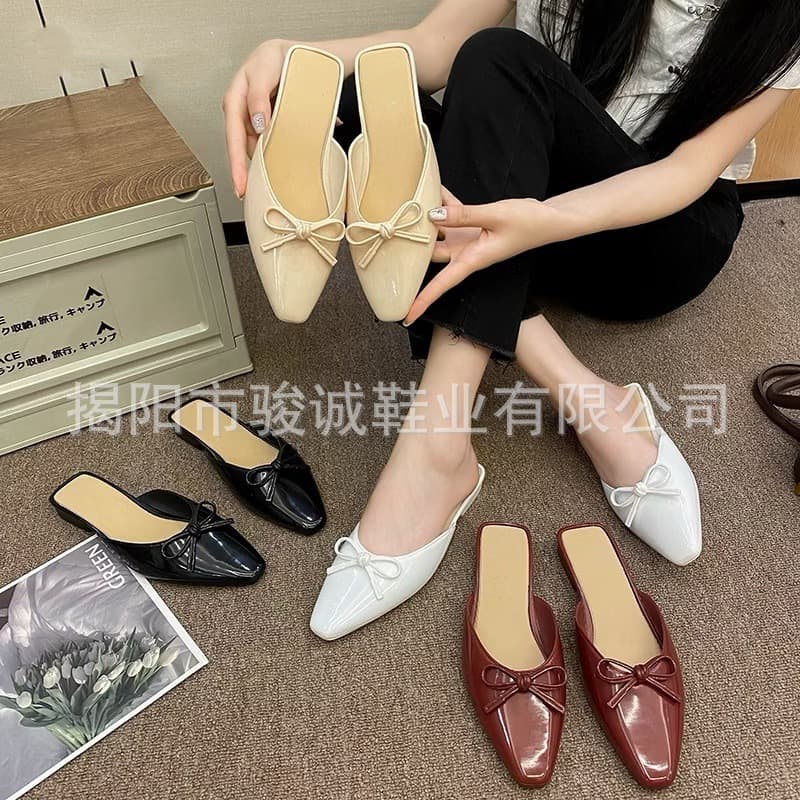 Bow slippers for women's summer outer wear, stiletto French toe half slippers, pointed toe sandals, versatile mid-heeled mule shoes
