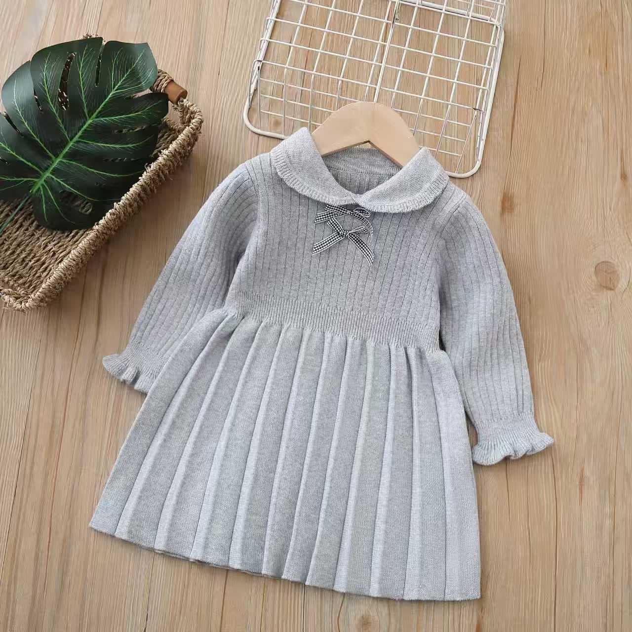 2026 Spring New Girls Knitted Dress Kids Fashion Bow Pleated Skirt Sweater Dress