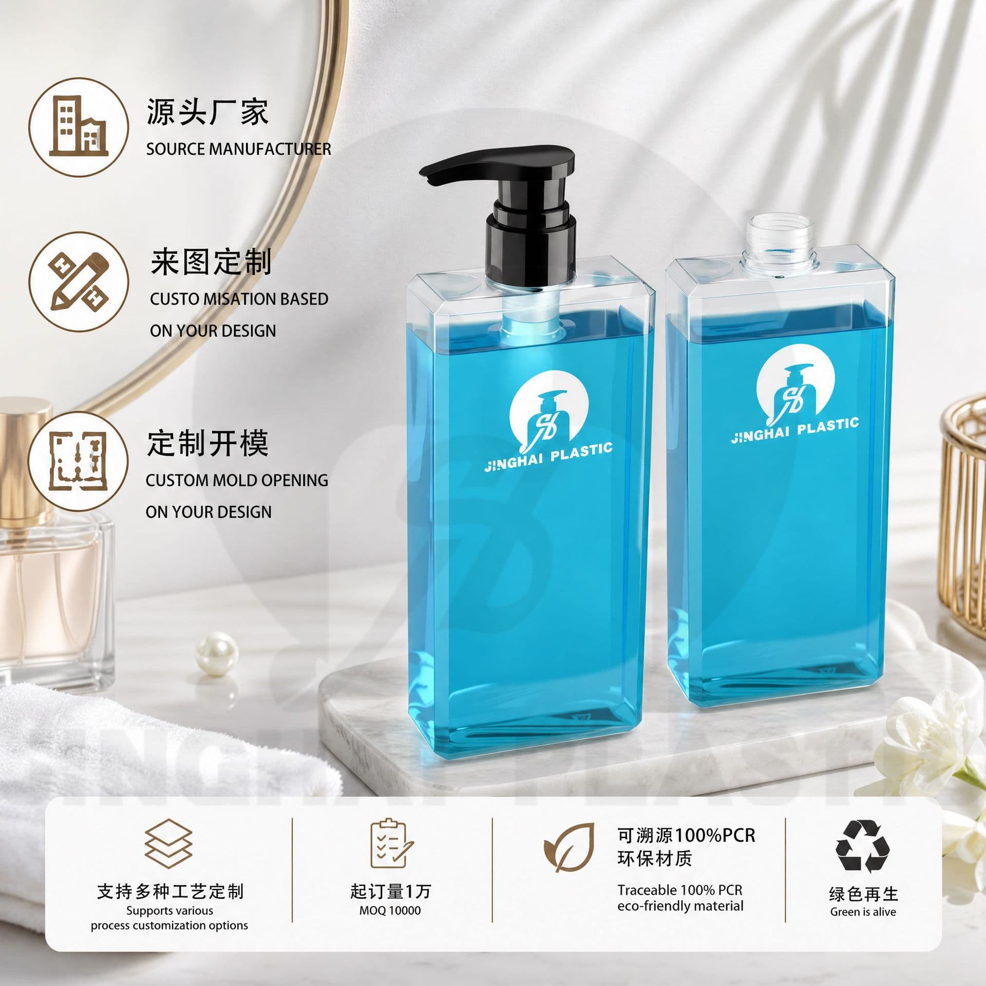 PETG 500ml Square Flat Ribbed Press Pump Lotion Bottle Shower Gel Shampoo Dispenser Bottle