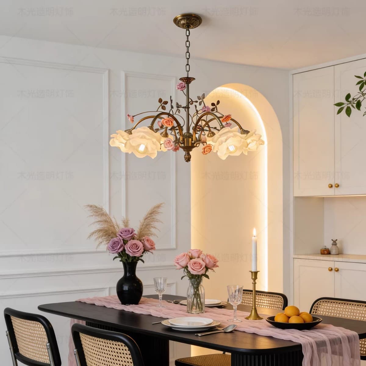 French Vintage Living Room Chandelier Rose Glass Pendant Light Vintage Style All Copper Bedroom Study Dining Room Pendant Light