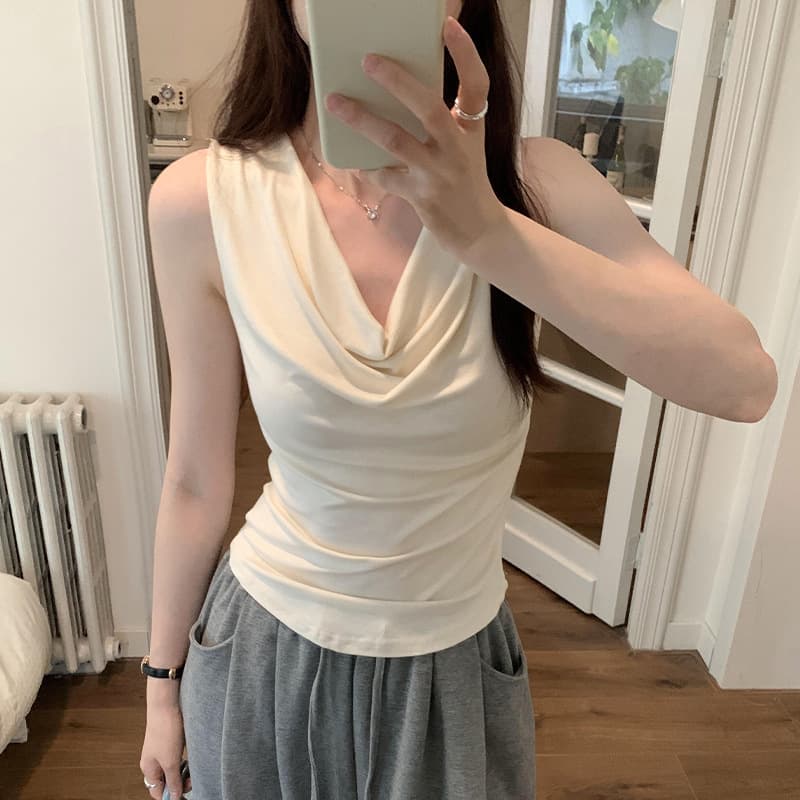 Ins Pure and Sexy Sleeveless Draped Neck Vest T-Shirt for Women Summer New Trendy Sweet and Spicy Top Wholesale