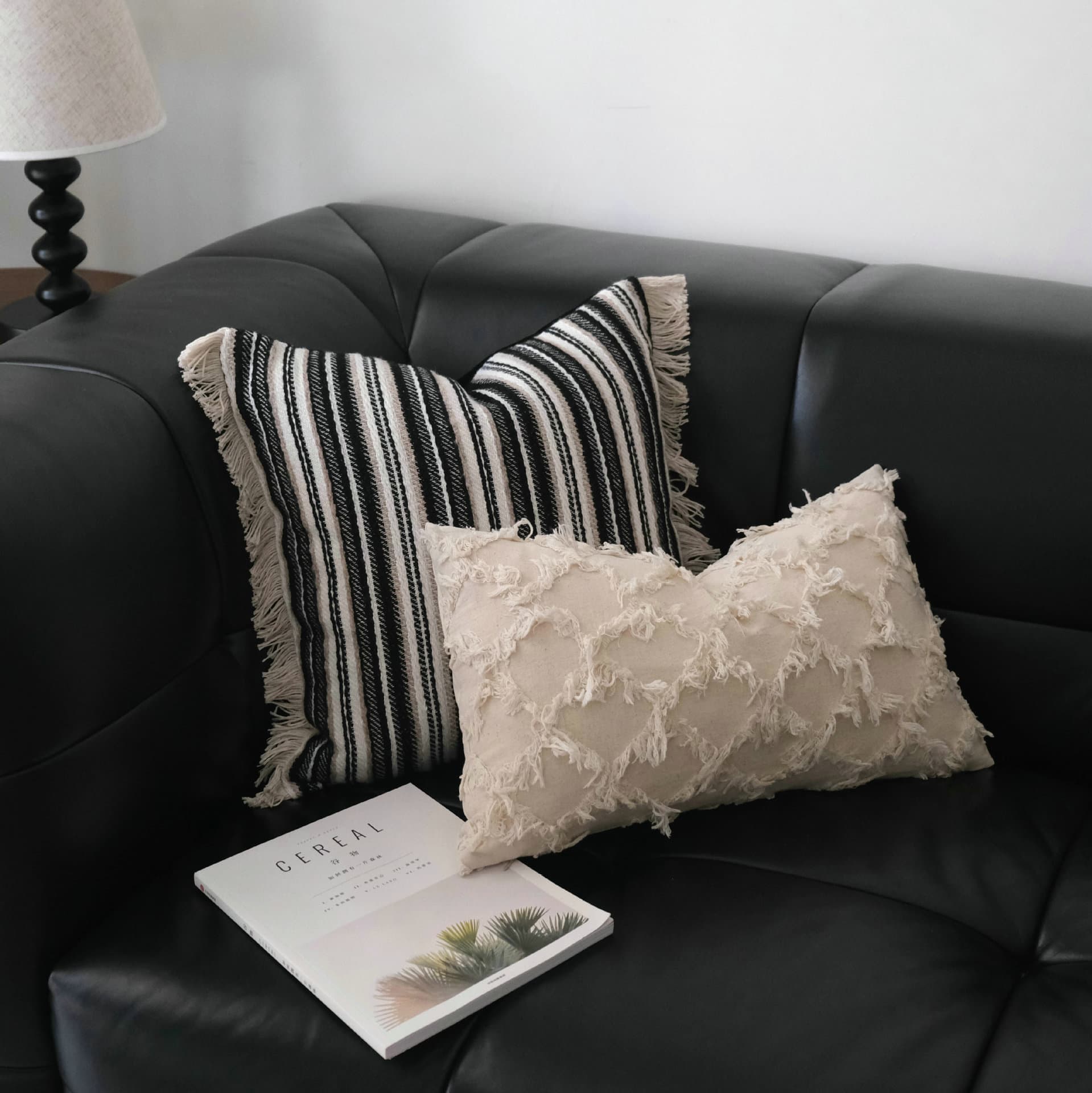 Cotton and linen striped knitted tassel pillow Wabi-sabi style pillow retro living room sofa decorative cushion sample pillow cover