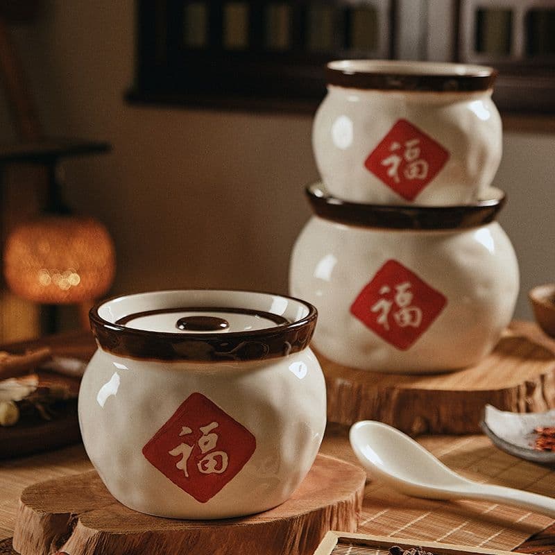 Large 'Fu' Character Ceramic Lard Pot with Lid and Spoon, Underglaze Color Large Capacity Heat-resistant Spice Jar