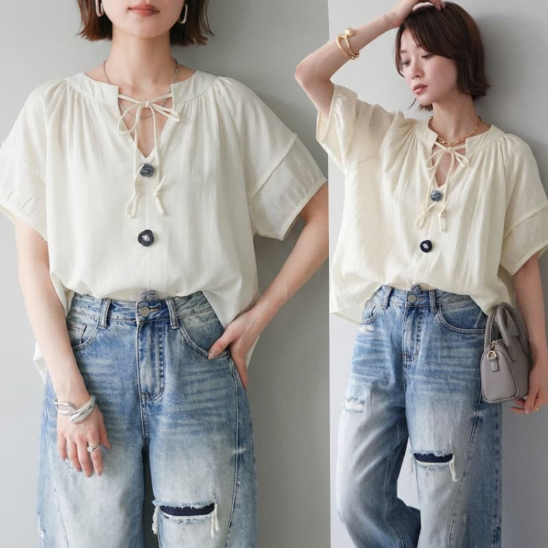 Summer New Design V-Neck Tie Short Sleeve Cotton Silk Short Sleeve Top Loose Plus Size Fashion Tie T-Shirt Women
