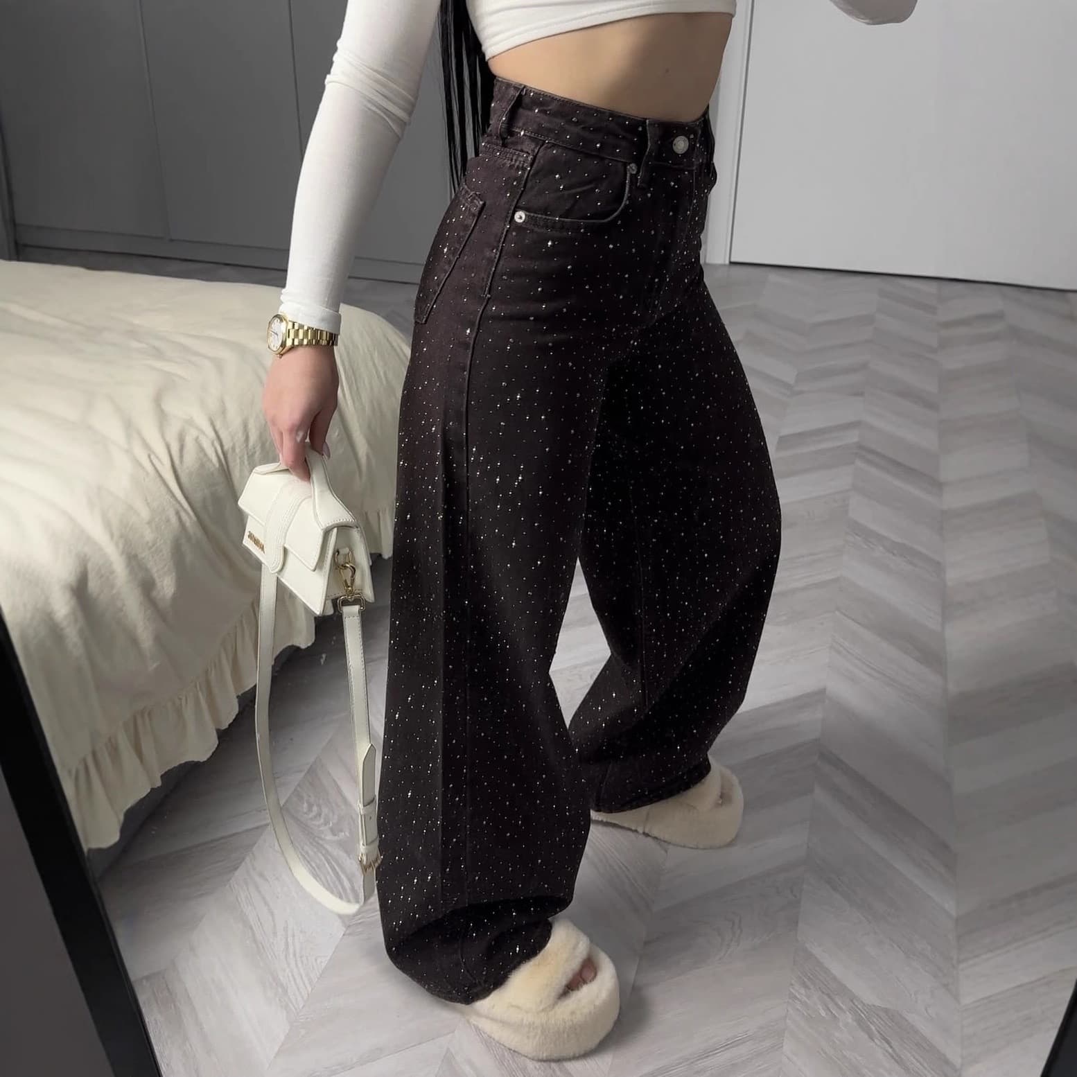 European and American cross-border retro rhinestone personalized high-street fashion brand high-waisted straight-leg loose jeans American rhinestone wide-leg pants