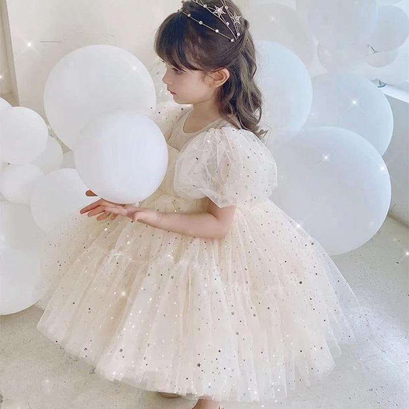 Girls Dress 2023 Spring and Summer New Children's Style Puff Sleeve Sequin Skirt Baby Temperament Princess Dress