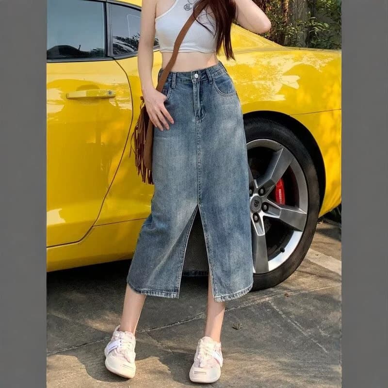 Women's Midi Skirt, Chic American Style New 2026, Sexy Natural Trendy A-Line Skirt, High-Waist Denim Long Skirt